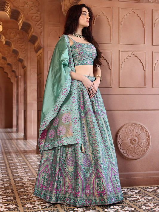 Sea Green Kanjivaram Silk Weaving Zari Lehenga Choli