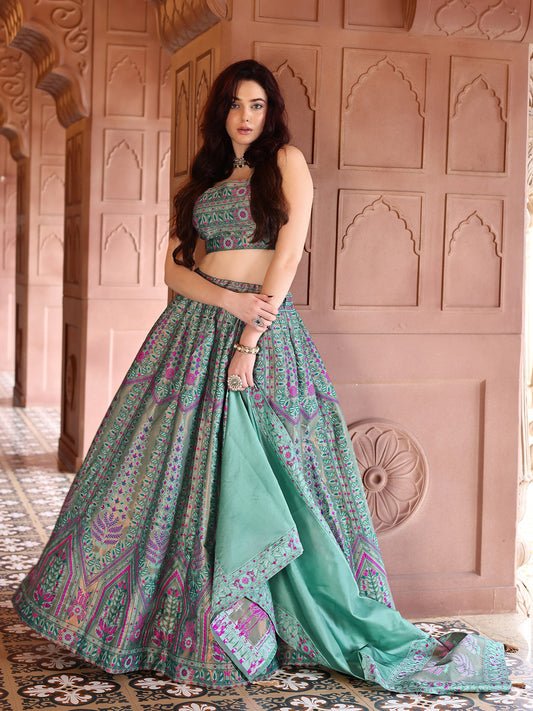 Sea Green Kanjivaram Silk Weaving Zari Lehenga Choli