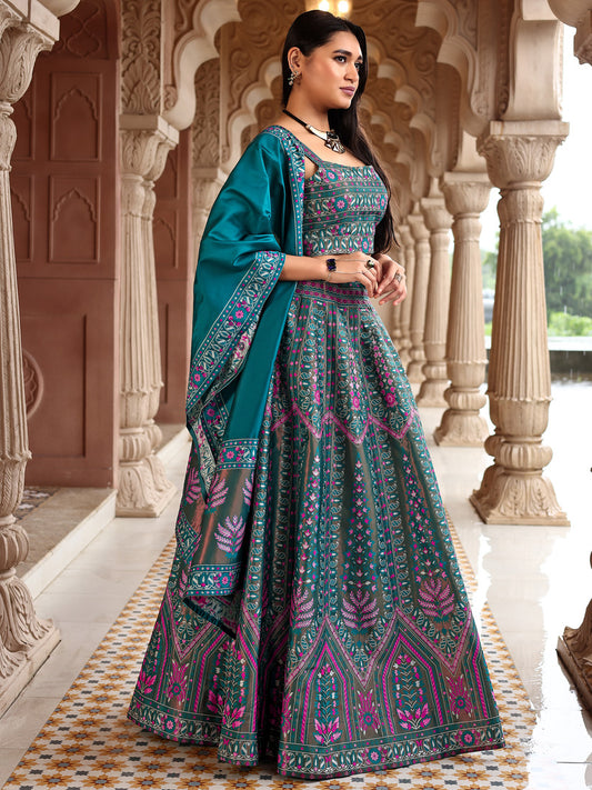 Teal Kanjivaram Silk Weaving Zari Lehenga Choli