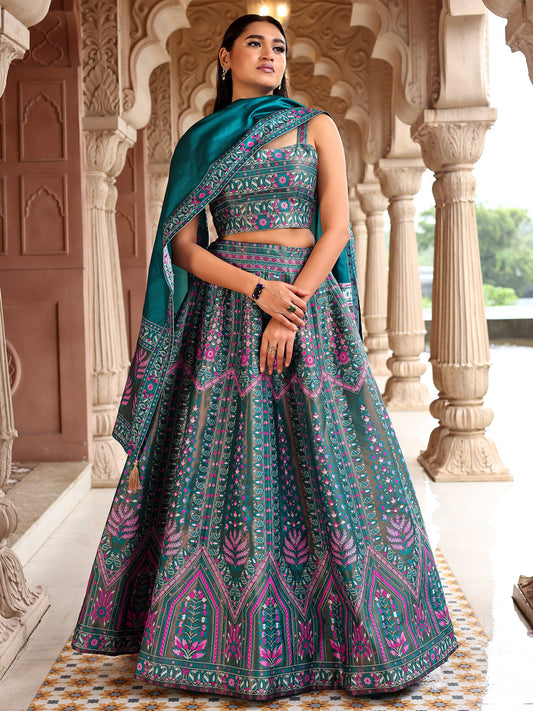 Teal Kanjivaram Silk Weaving Zari Lehenga Choli