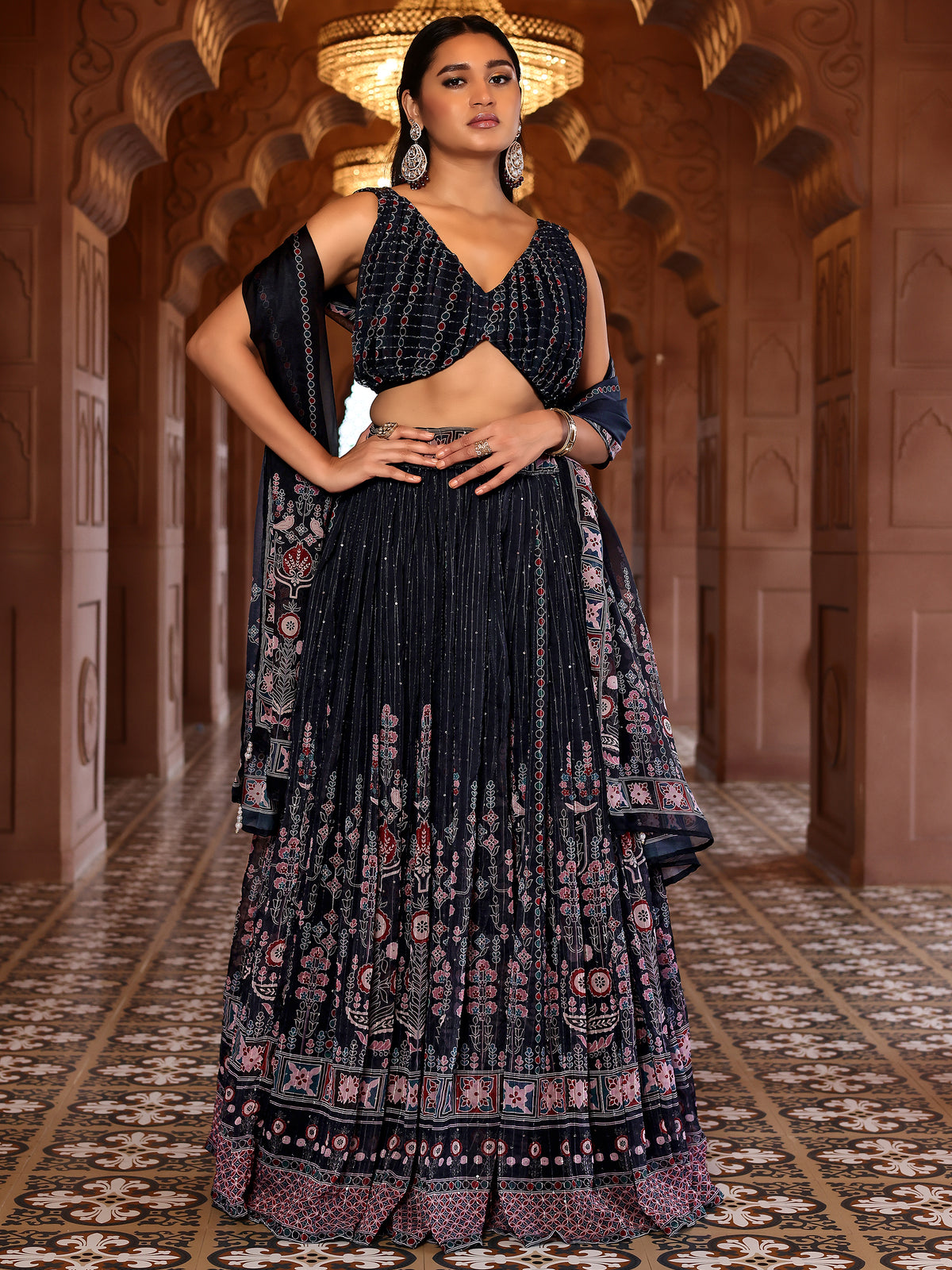 Navy Blue Printed Sequin Chiffon Lehenga Choli