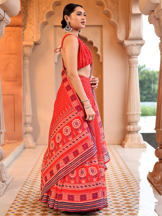 Red Printed Sequin Chiffon Lehenga Choli