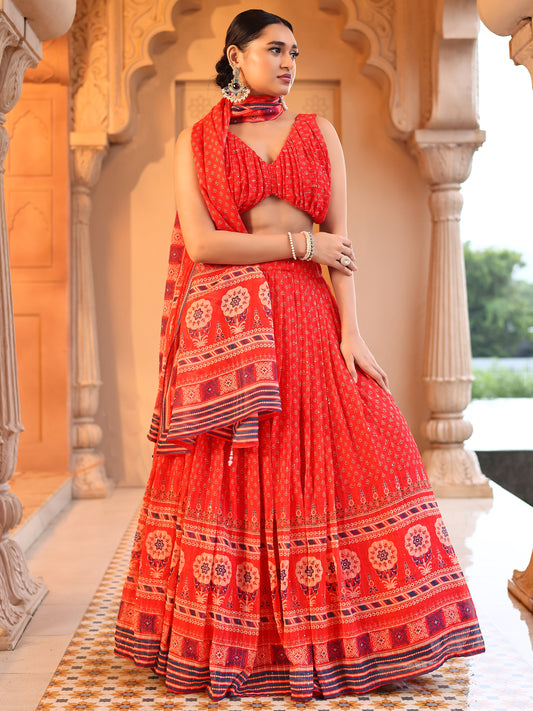 Red Printed Sequin Chiffon Lehenga Choli