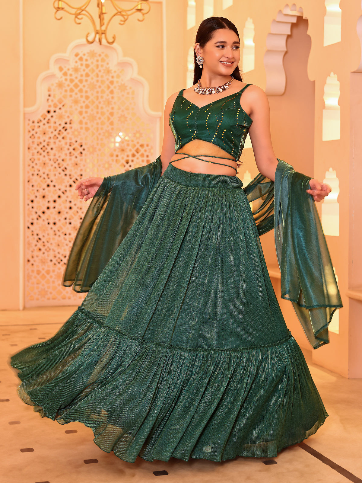 Teal Green Sequin Starlit Lycra Lehenga Choli