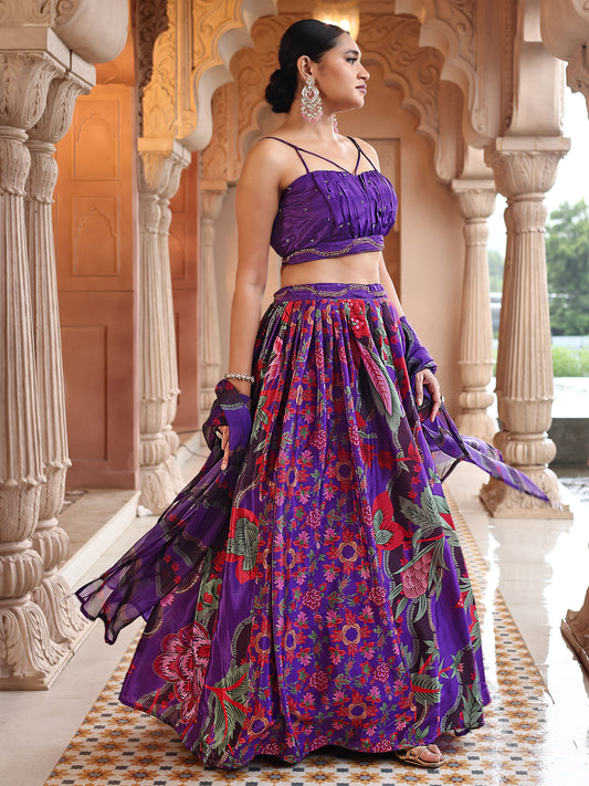 Dark Purple Printed Chinon Lehenga with Sequin Glam