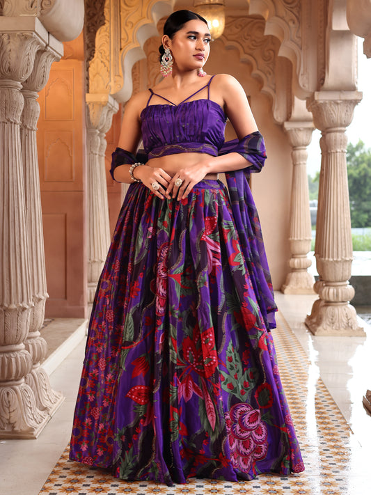 Dark Purple Printed Chinon Lehenga with Sequin Glam