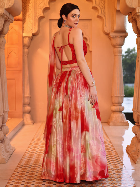 Red Printed Chinon Lehenga with Sequin Glam