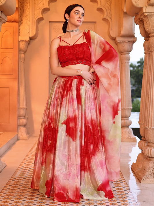 Red Printed Chinon Lehenga with Sequin Glam