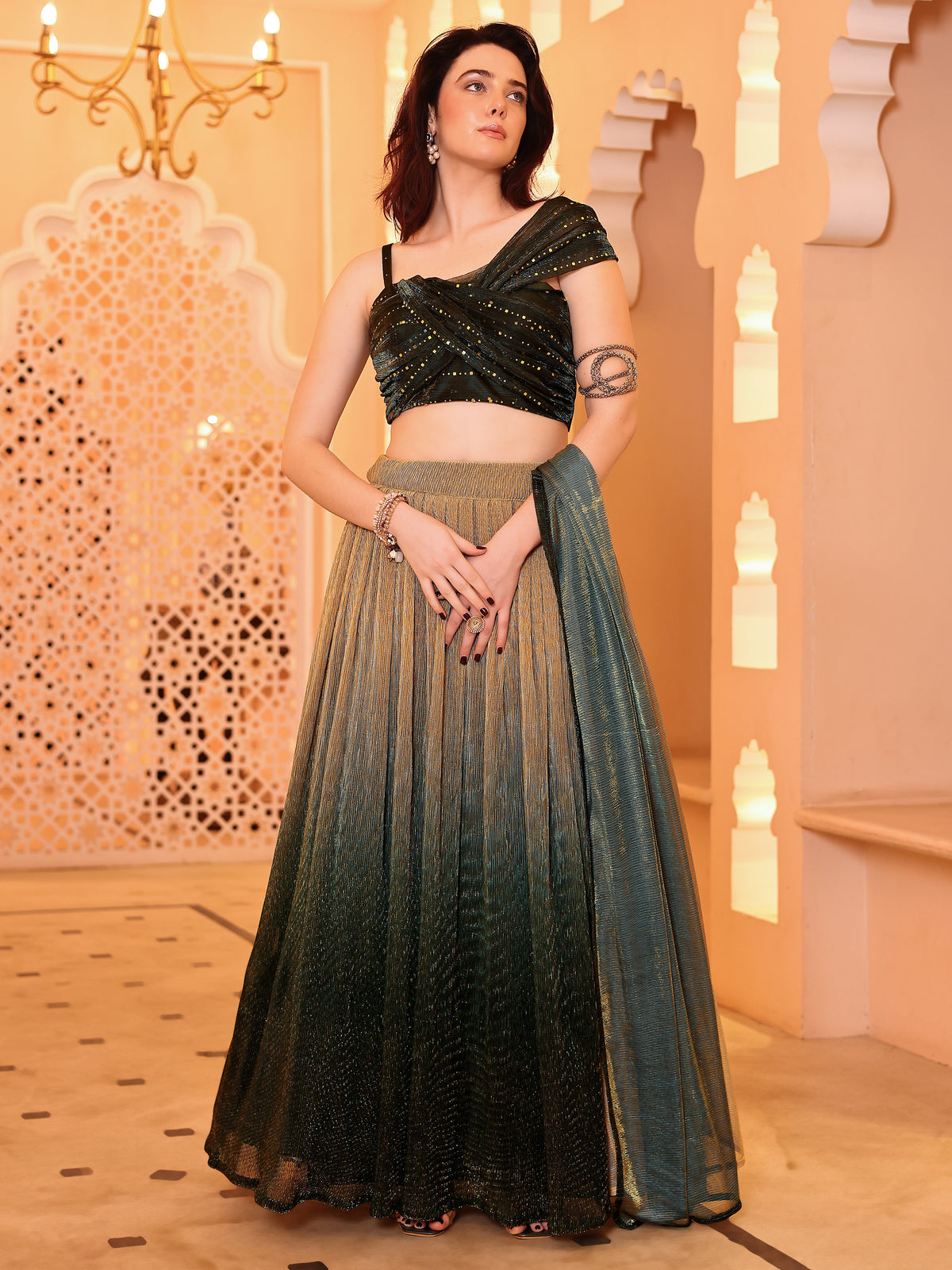 Dark Green Sequin Starlit Lycra Lehenga Choli