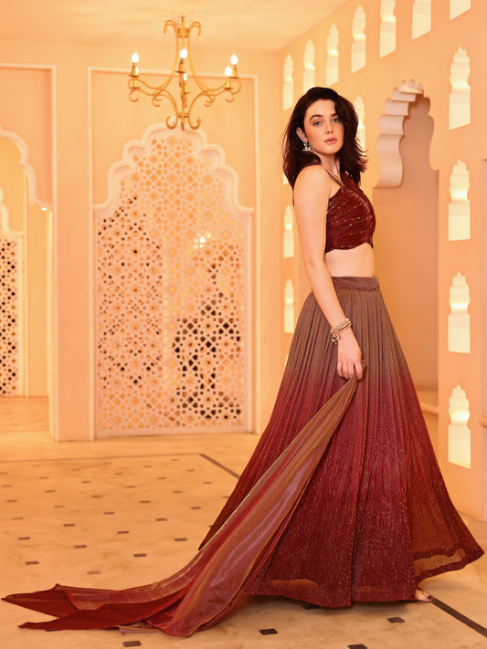 Maroon Sequin Starlit Lycra Lehenga Choli