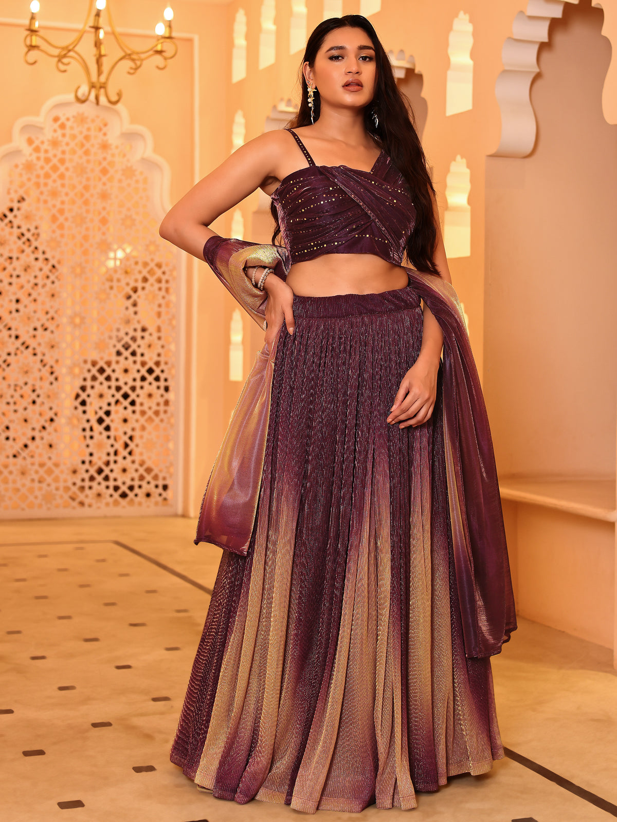 Wine Sequin Starlit Lycra Lehenga Choli