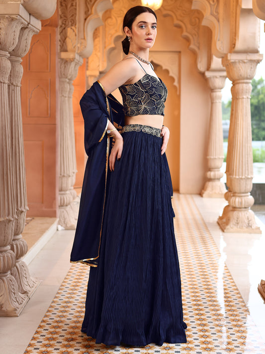 Navy Blue Crush Silk Lehenga with Designer Blouse & Dupatta