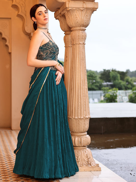 Teal Crush Silk Lehenga with Designer Blouse & Dupatta