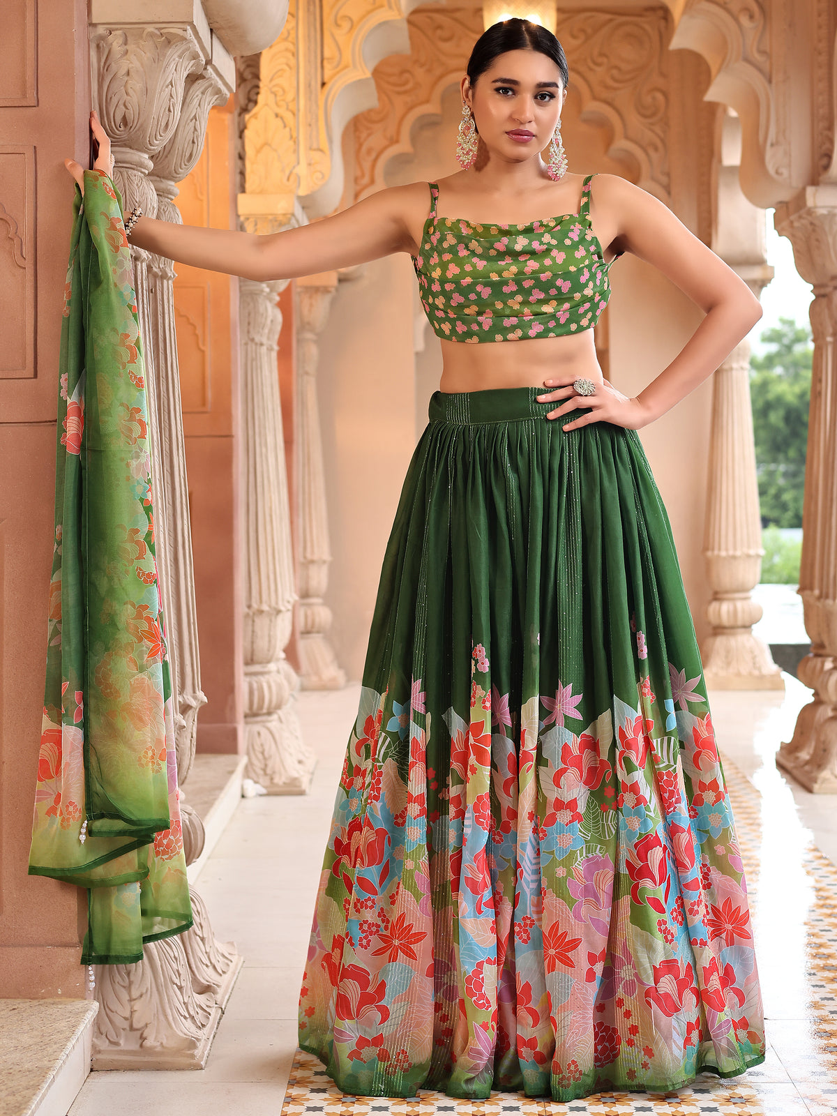Green Lightweight Georgette Lehenga Choli