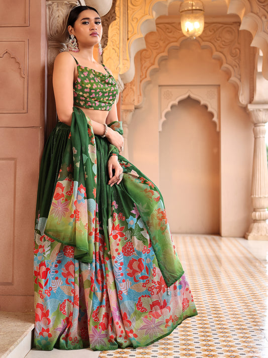 Green Lightweight Georgette Lehenga Choli