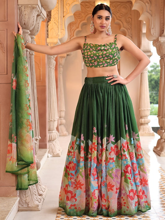 Green Lightweight Georgette Lehenga Choli