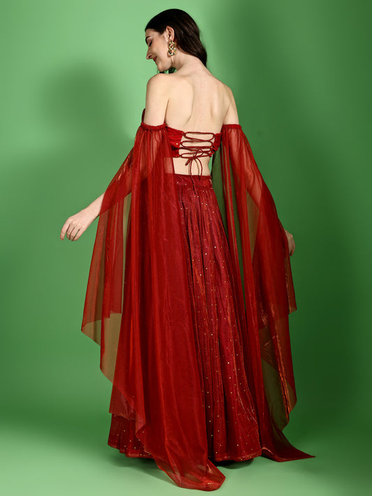 Red Sequin Starlit Lycra Lehenga Choli
