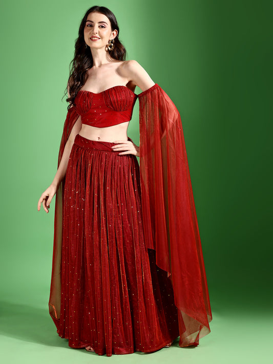 Red Sequin Starlit Lycra Lehenga Choli