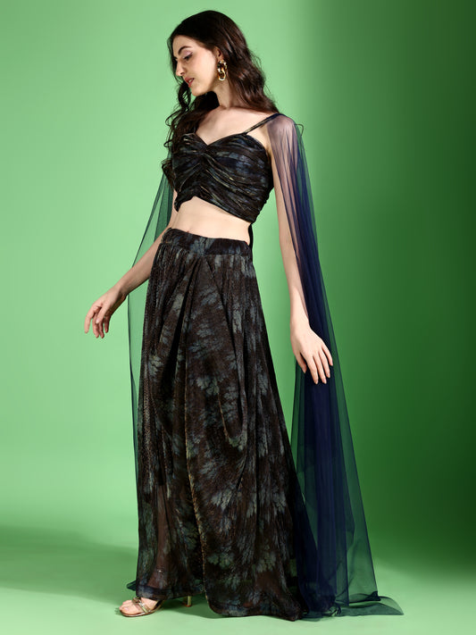 Black & Navy Blue Abstract Print Lycra Lehenga Set