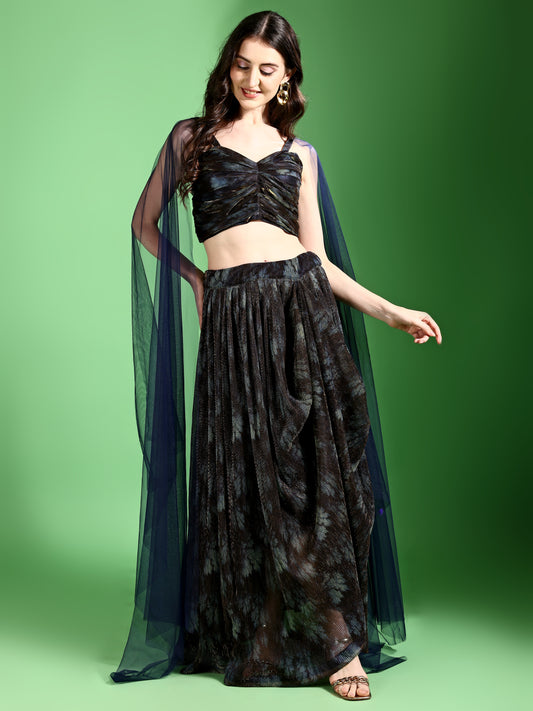 Black & Navy Blue Abstract Print Lycra Lehenga Set