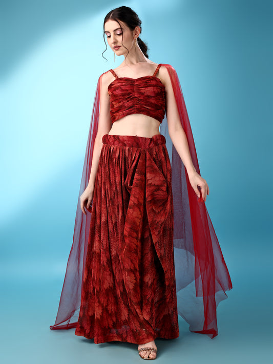 Red Abstract Print Lycra Lehenga Set