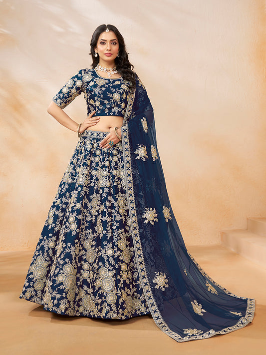 Navy blue Embroidered Art Silk Ceremony Lehenga Choli