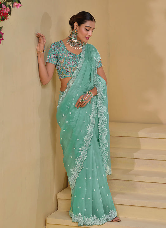 Turquoise Tuscany Soft Organza Silk Sequins Work Saree