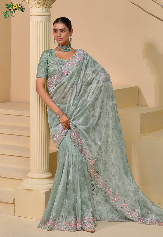 Light Sea Green Tuscany Soft Organza Silk Sequins Work Classic Saree