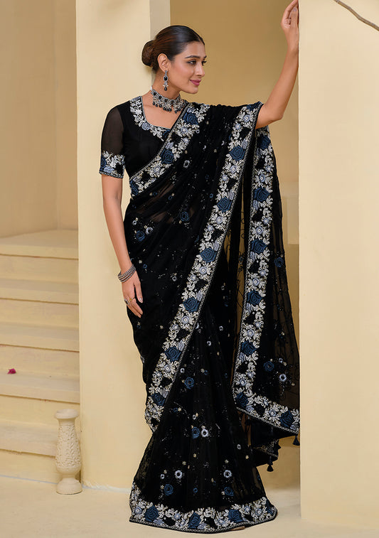 Black Tuscany Soft Organza Silk Sequins Work Classic Saree