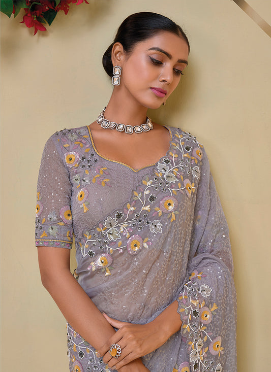 Dusty Mauve Tuscany Soft Organza Silk Sequins Work Classic Saree