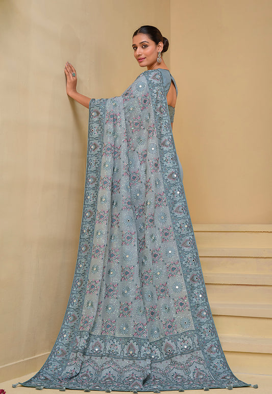 Gray Tuscany Soft Organza Silk Sequins Work Classic Saree
