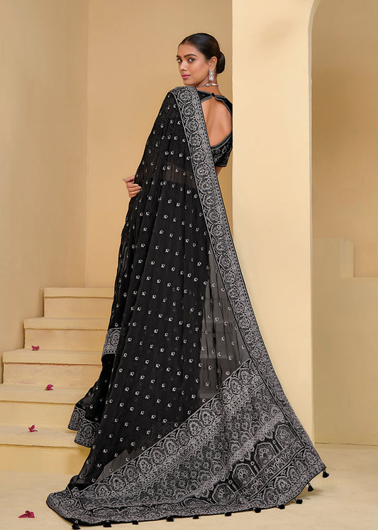 Black Tuscany Soft Organza Silk Sequins Work Classic Saree