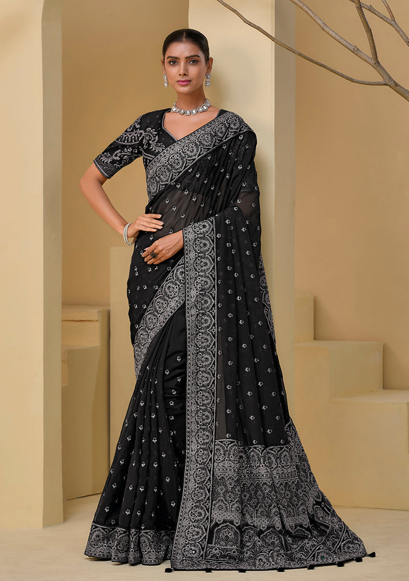 Black Tuscany Soft Organza Silk Sequins Work Classic Saree