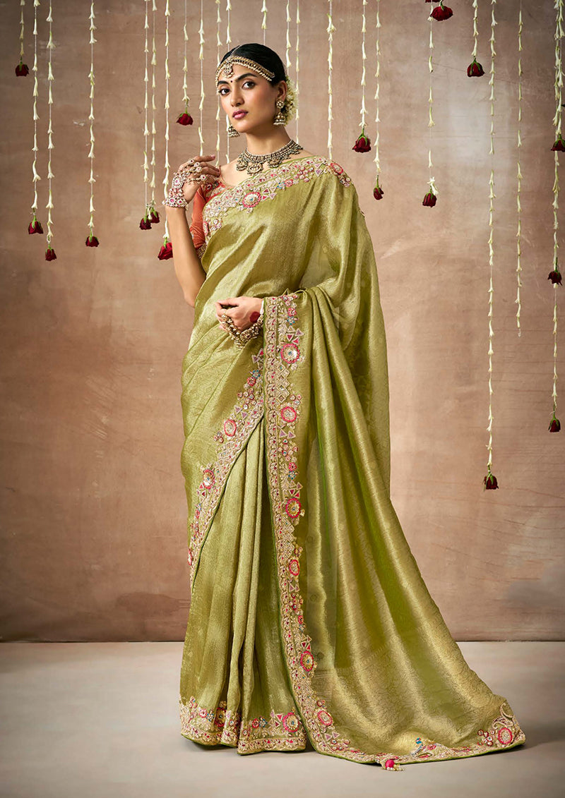 Olive Green Organza Silk Embroidered Wedding Saree