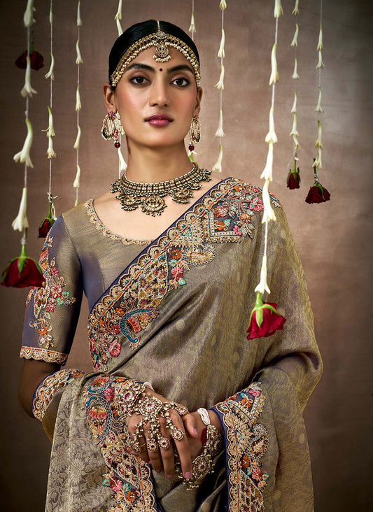 Gray Organza Silk Embroidered Wedding Saree