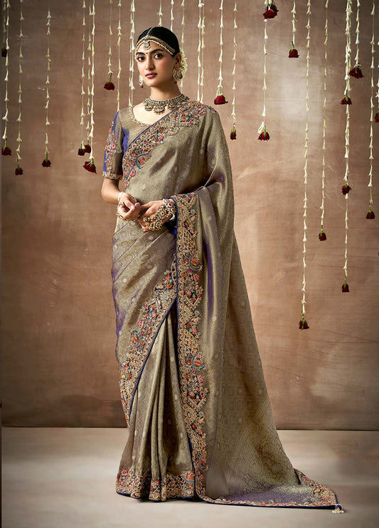 Gray Organza Silk Embroidered Wedding Saree