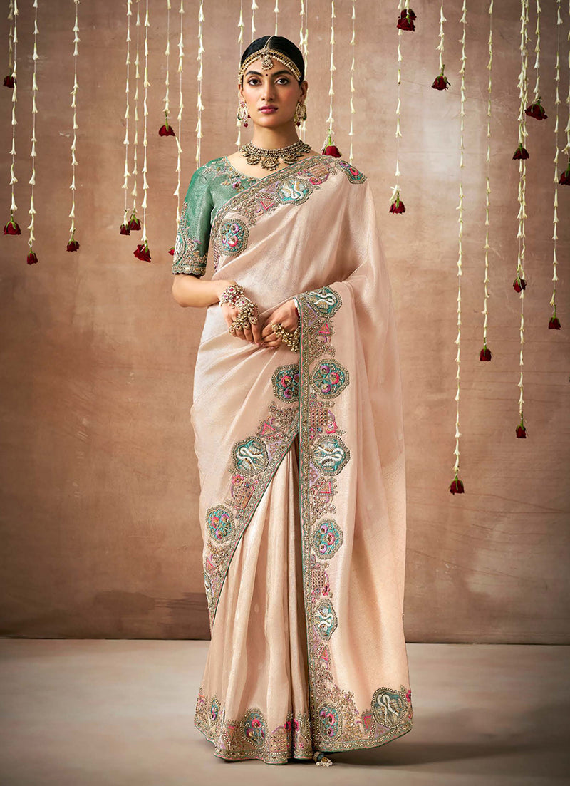Light Peach Organza Silk Embroidered Wedding Saree