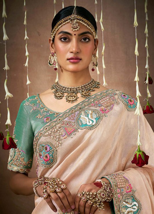 Light Peach Organza Silk Embroidered Wedding Saree