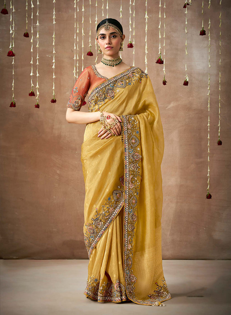 Mustard Organza Silk Embroidered Wedding Saree