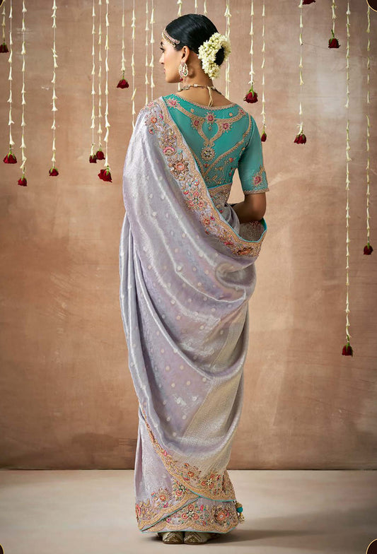 Light Lavender Organza Silk Embroidered Wedding Saree