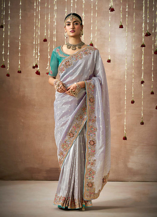 Light Lavender Organza Silk Embroidered Wedding Saree