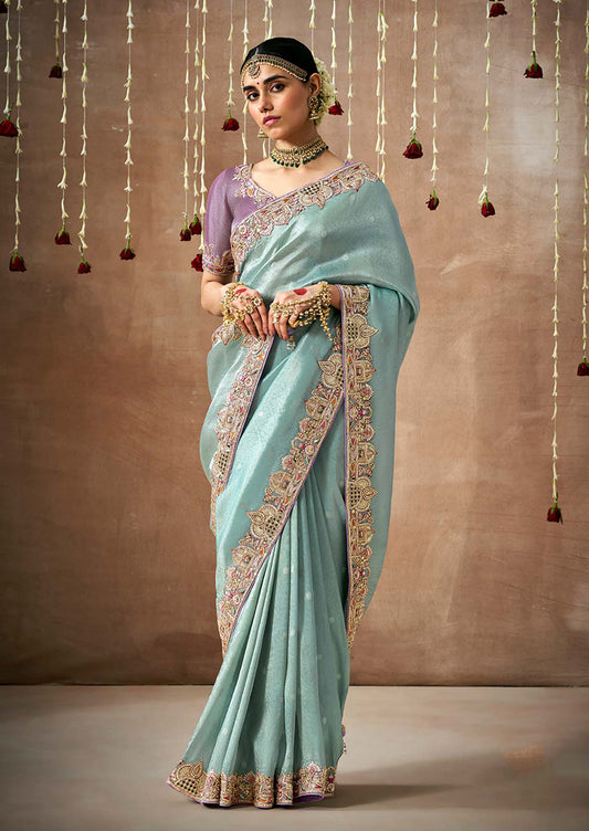 Sky Blue Organza Silk Embroidered Wedding Saree