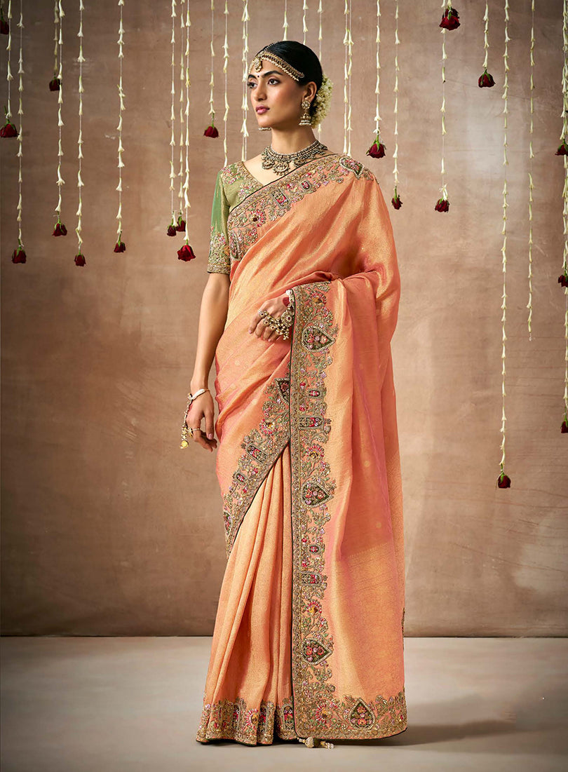 Light Orange Organza Silk Embroidered Wedding Saree