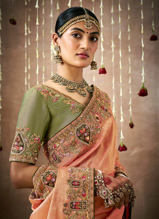 Light Orange Organza Silk Embroidered Wedding Saree