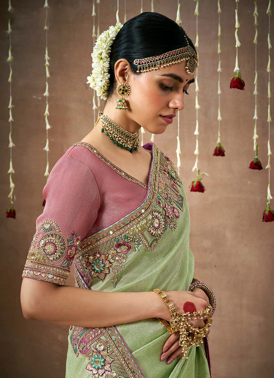 Light Green Organza Silk Embroidered Wedding Saree
