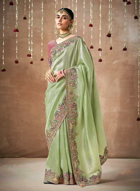 Light Green Organza Silk Embroidered Wedding Saree