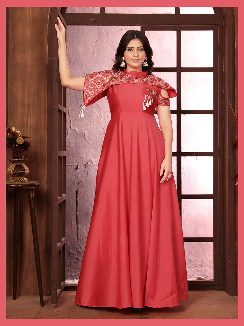 Dark Peach Triva Silk Embroidered Wedding Wear Gown