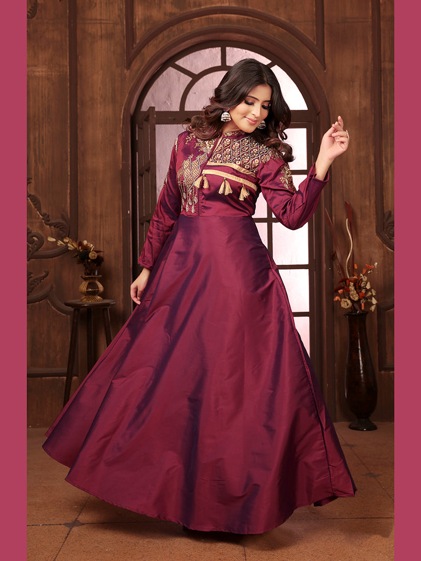 Wine Triva Silk Embroidered Wedding Wear Gown