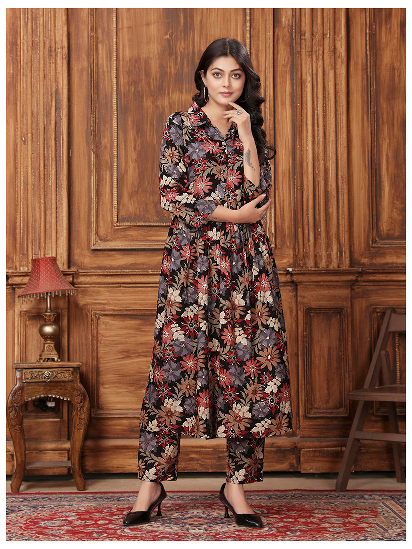 Black Premium Rayon Floral Printed Long Kurta and Pant Set