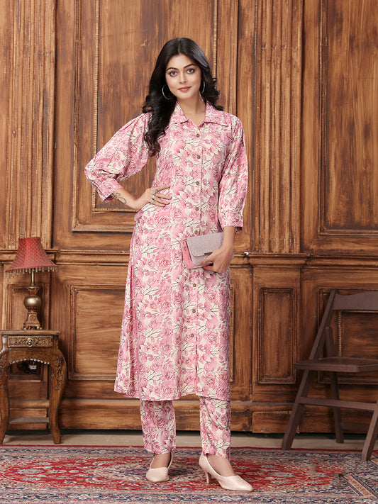 Light Pink Premium Rayon Floral Printed Long Kurta and Pant Set